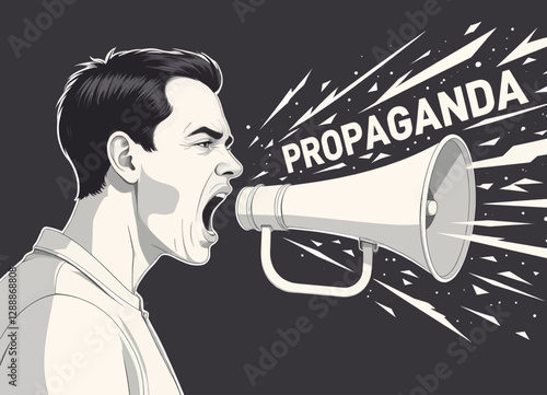 Man shouts "Propaganda" through a megaphone, monochrome design