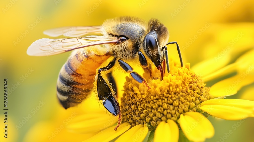 Ultra-realistic macro shot of honey bee collecting nectar from yellow flower Ultra-realistic macro shot of honey bee collecting nectar from yellow flower