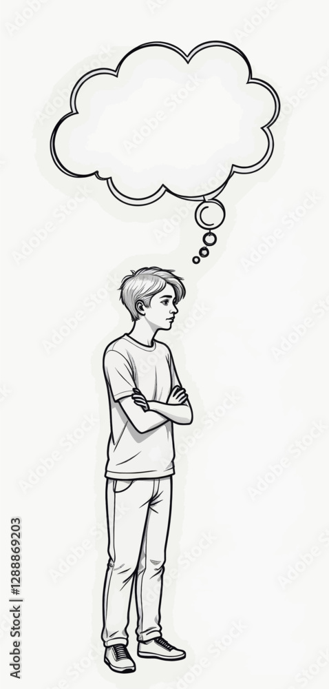 Line Drawing of Man with Arms Crossed Thinking Cloud Line Drawing of Man with Arms Crossed Thinking Cloud