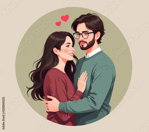 Loving couple embrace with red hearts above them