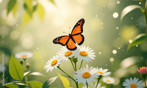 Monarch butterfly on white daisies, bokeh background