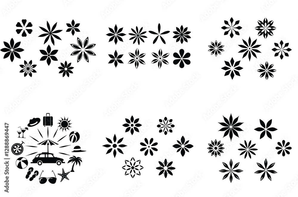 Black and White Flower Vector Art Collection: Floral Design Elements, Summer Vacation Icons, Decorative Graphics, Botanical Illustrations Black and White Flower Vector Art Collection: Floral Design Elements, Summer Vacation Icons, Decorative Graphics, Botanical Illustrations