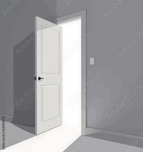 Open door in gray room with bright light shining through
