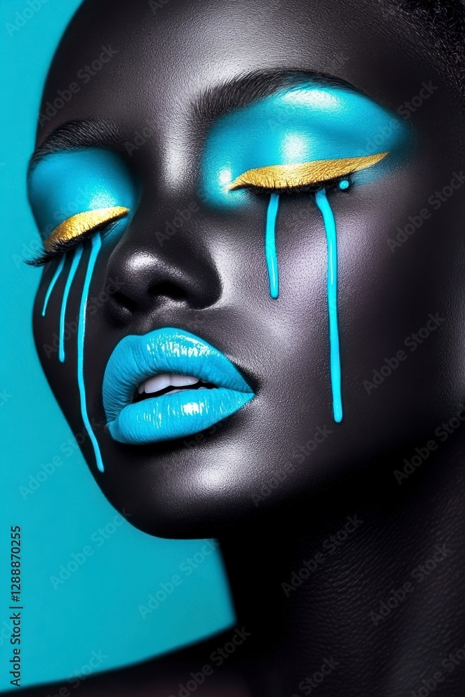 Close up portrait of a woman with dramatic makeup featuring black glitter, light blue accents, and gold eyeliner. The background is a teal color. The Close up portrait of a woman with dramatic makeup featuring black glitter, light blue accents, and gold eyeliner. The background is a teal color. The