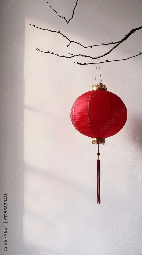 Fototapeta premium Red lantern hanging on branch against plain wall with soft shadows