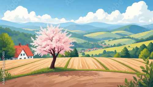 Pastoral farmland scene with blossoming tree and house
