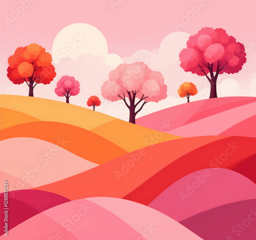 Pink Hillscape with Autumnal Trees Illustration