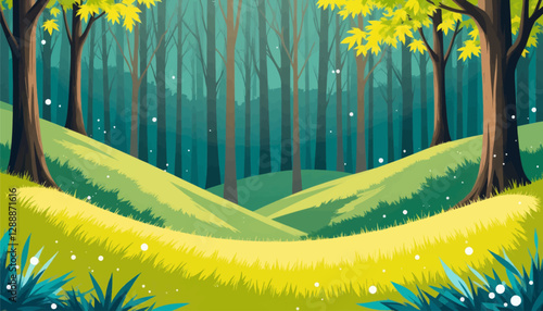 Pixelated Forest Glade with Spring Foliage and Snowfall