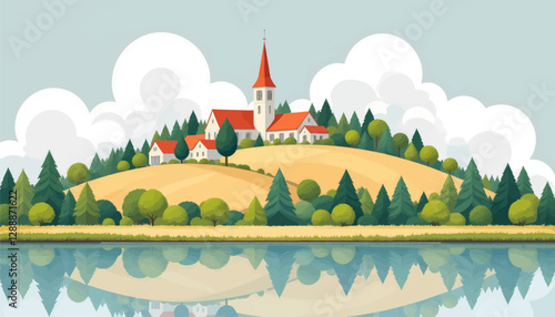 Pastoral Lakeside Village With Reflections Cartoon Style