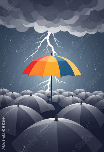 Rainbow umbrella under stormy skies, lightning strike