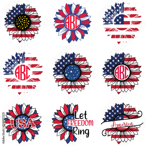 Set of Sunflower 4th of July clipart Design,  American independence day vector illustration
