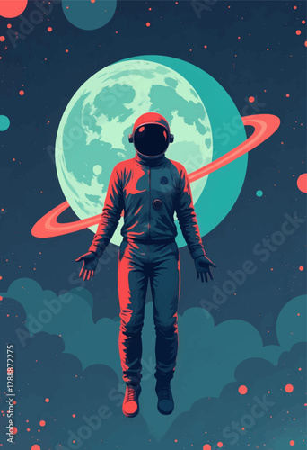 Retro Astronaut with Planet Ring and Clouds

