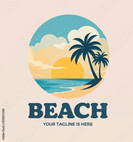 Wallpaper Mural Retro beach scene with palm trees, sun, and ocean waves Torontodigital.ca