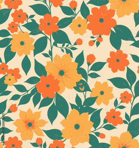 Retro Floral Pattern with Orange and Yellow Flowers