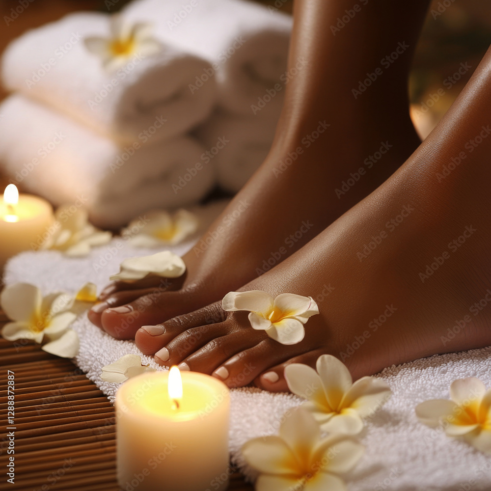 Relaxing spa scene with feet, candles, and flowers on towel Relaxing spa scene with feet, candles, and flowers on towel