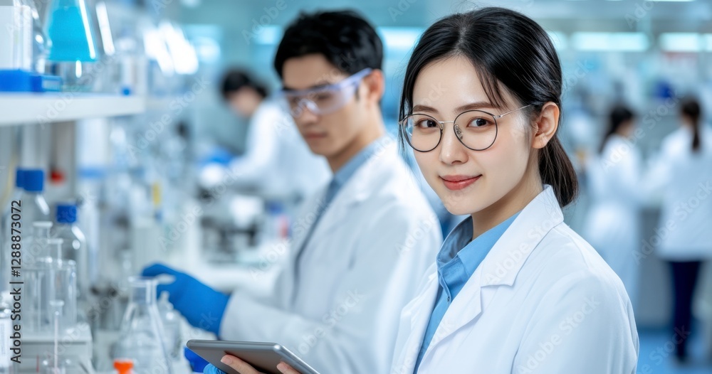 A young female scientist in a lab coat smiles confidently while holding a tablet, with a male colleague blurred in the background. Brightly lit A young female scientist in a lab coat smiles confidently while holding a tablet, with a male colleague blurred in the background. Brightly lit