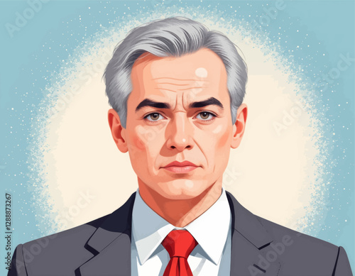 Serious gray haired man in a suit with a red tie