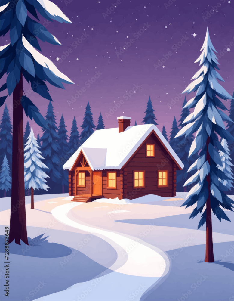 Fototapeta premium Snowy cabin in the woods under a starry purple sky 
