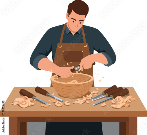 A skilled craftsman shaping wood with tools at a workshop table