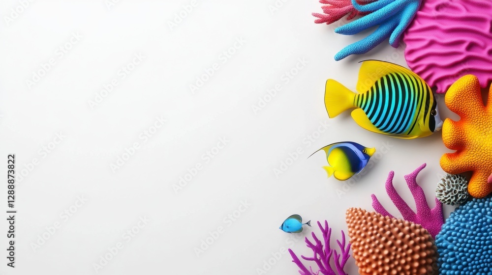 Fototapeta premium Vibrant pixel art fish and coral reef elements arranged on a white background. Colorful, playful, and decorative, perfect for summer themes