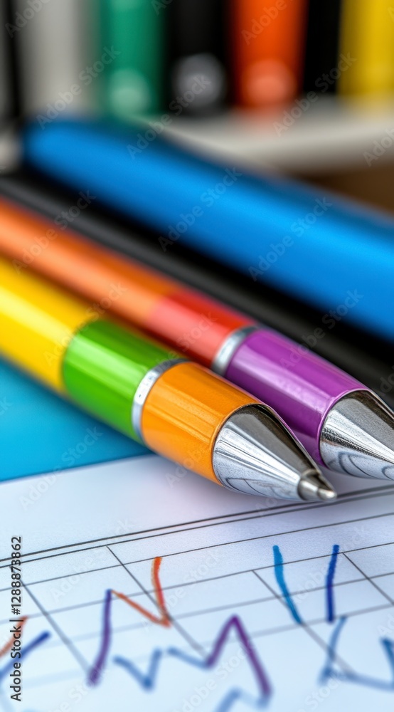 Close up of colorful pens on a document showing graphs. Bright and vibrant colors dominate the image, creating a cheerful and productive atmosphere Close up of colorful pens on a document showing graphs. Bright and vibrant colors dominate the image, creating a cheerful and productive atmosphere