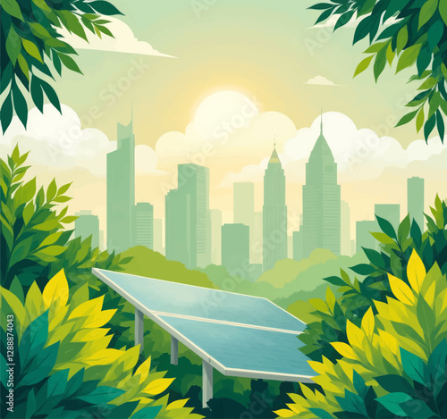 Solar panel with city skyline and foliage illustration
