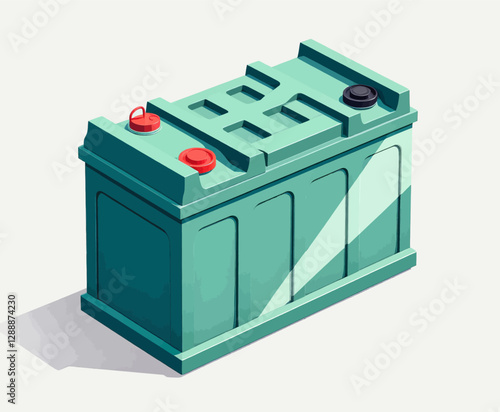 Teal automotive battery with red and black terminals