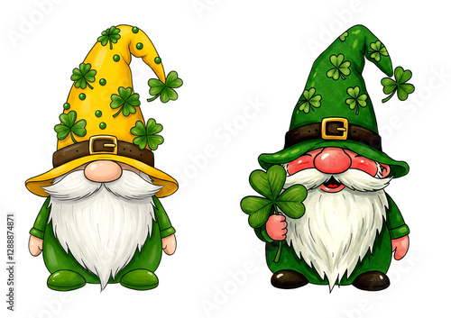 Two St. Patrick's Day Gnomes in Yellow and Green Hats Holding Clovers isolated on transparent background.