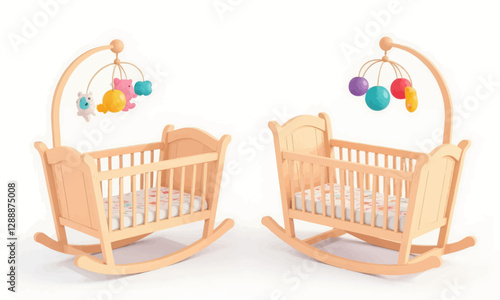 Twin cribs with hanging mobiles, light wood finish