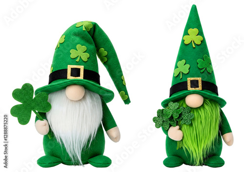 Two St. Patrick's Day Gnomes Holding Clovers Against Transparent Background.