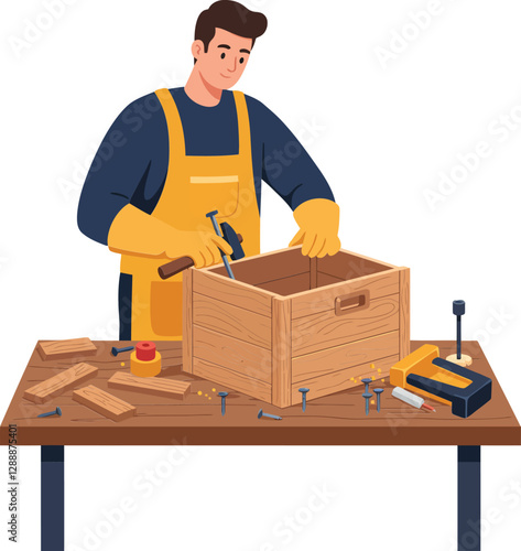 Skilled carpenter assembling a wooden box with tools on a workbench