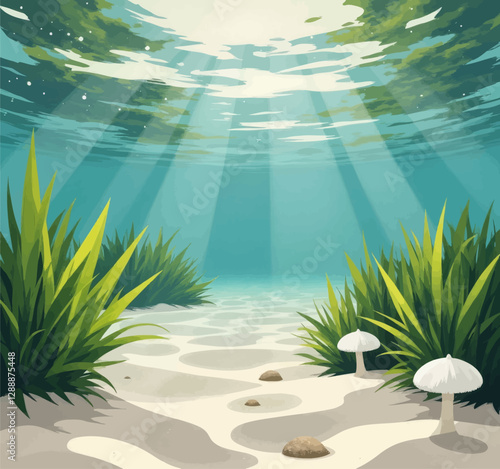Underwater scene with plants, mushrooms, and sunbeams
