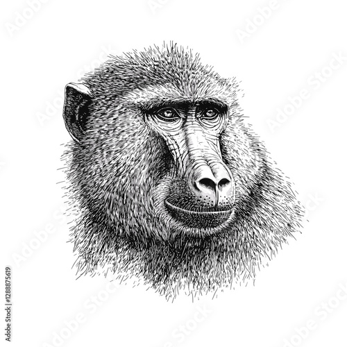 Vintage animal art, hand-drawn baboon in black sketch effect, wildlife illustration, trendy wall decor, old engraving style, white background, nature art, animal wall art.