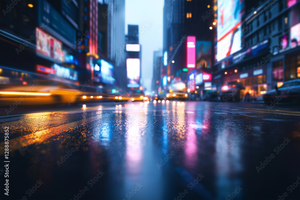 Rainy evening with vibrant lights and busy traffic, blurred focus Rainy evening with vibrant lights and busy traffic, blurred focus
