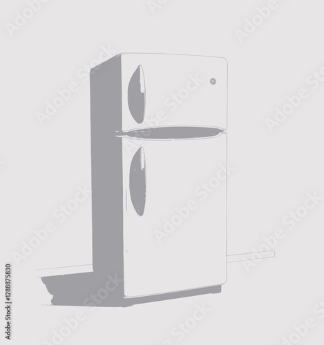White fridge freezer with simplistic cartoon-like art style