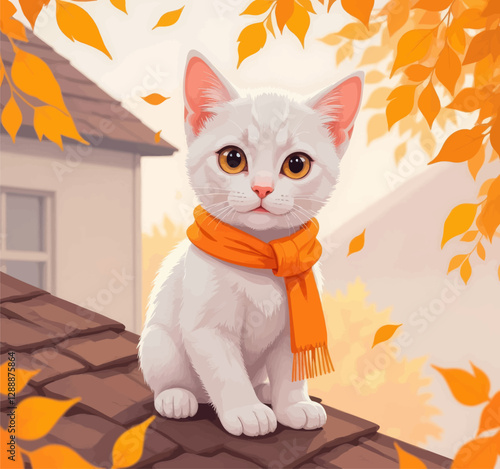 White kitten wearing a scarf on an autumn day atop a roof