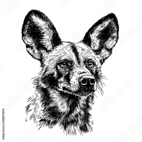 Trendy animal art, hand-drawn African wild dog, vintage wildlife illustration, black sketch effect, wall decor, old engraving style, white background.