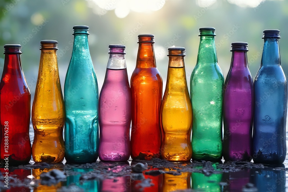 Colorful Glass Bottles of Refreshing Drinks in a Row Colorful Glass Bottles of Refreshing Drinks in a Row