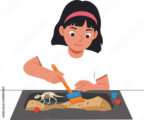 Child excavating dinosaur skeleton in sand using brush and tools for discovery