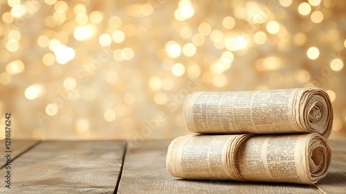 Rolled newspapers on wood, bokeh background; news, information, current events, vintage