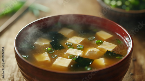 A hot bowl of miso soup with tofu and seaweed