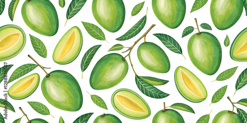 Naklejka premium Tropical Green Mangoes Seamless Pattern: A vibrant seamless pattern featuring fresh, green mangoes and leaves, creating a refreshing and appetizing design.