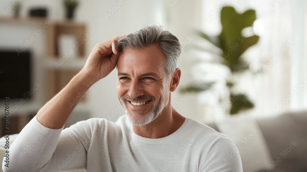 Obraz premium Hair restoration success story shared in an elegant living room. Featuring comfort and confidence