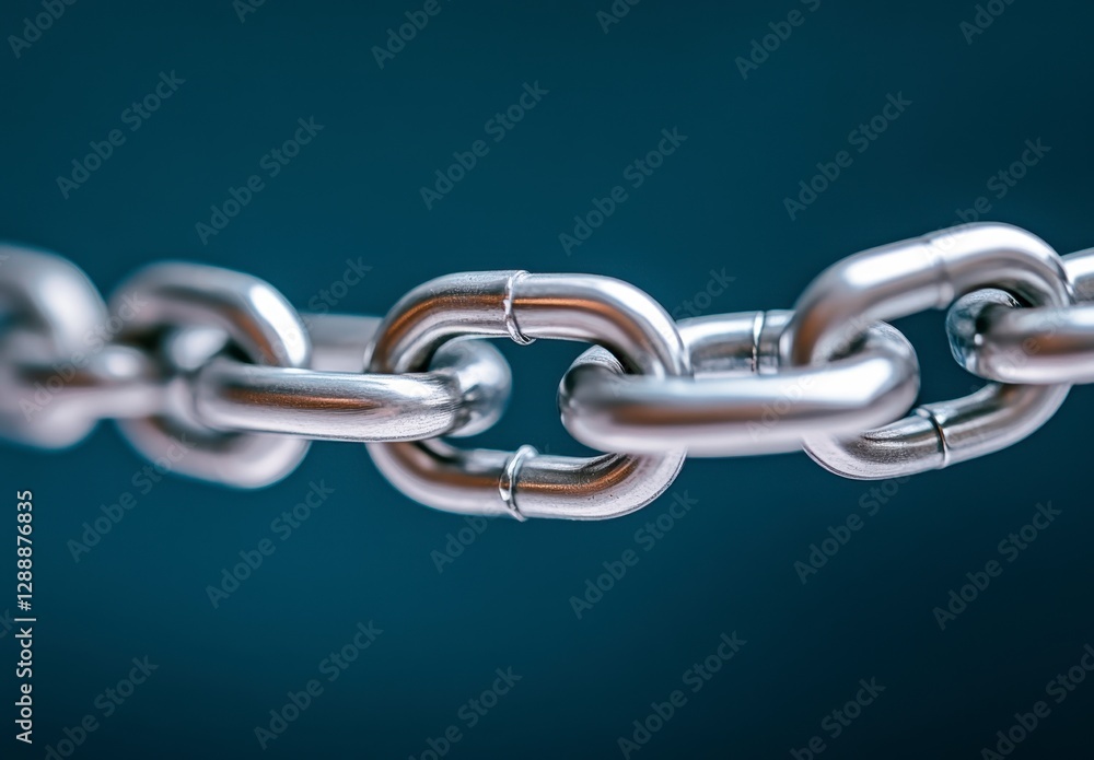 Obraz premium Close up view of a metallic chain, showing individual links and a shallow depth of field. The chain is brightly lit against a dark background. Focus