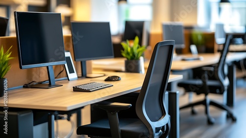 Wallpaper Mural Beautiful blurred background of a modern office interior in gray tones with panoramic windows, glass partitions and orange color accents. Torontodigital.ca
