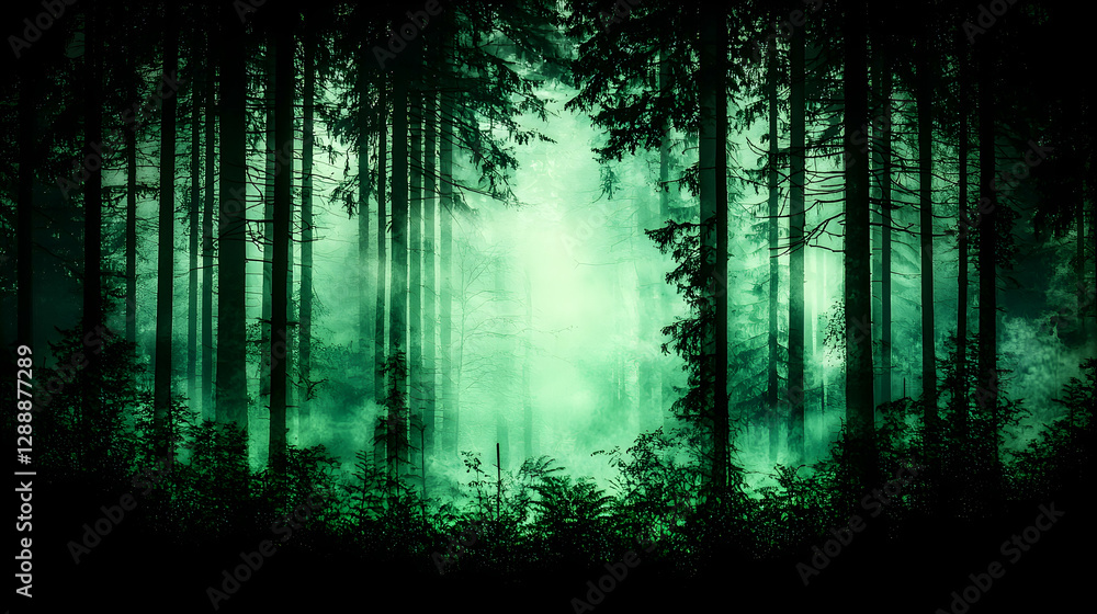 Obraz premium Eerie green forest mist, trees, path, mystery, background, for fantasy
