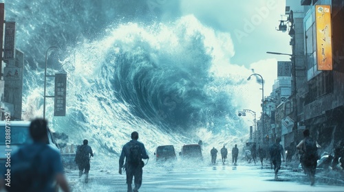 Massive wave inundates city street; people flee.