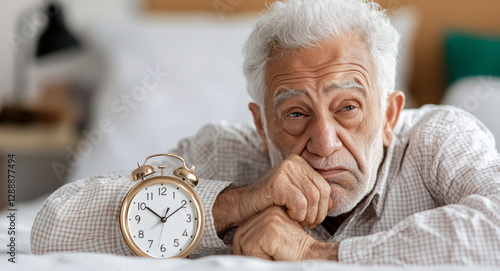 A grumpy elderly man in bed rests his head on his hand while staring at a gold alarm clock.