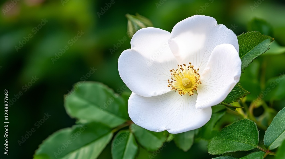 Close up of a single white rose blossom with yellow center, green leaves, and soft natural light. The background is blurred, focusing attention on Close up of a single white rose blossom with yellow center, green leaves, and soft natural light. The background is blurred, focusing attention on