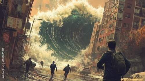 Massive wave approaches city; people flee.
